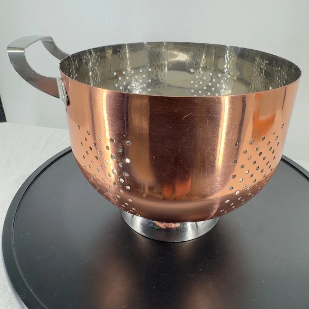 Vintage Copper Stainless Steel Footed Colander Strainer with Handle 8.5 Inch